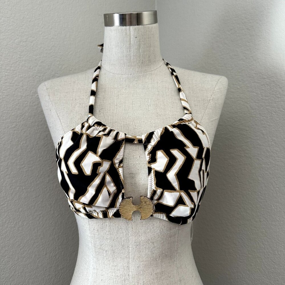 Trina Turk Swimwear Top Halter Neck Cutout Gold Brooch Sz M